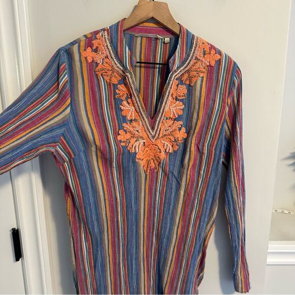 Soft Surroundings Pink Blue Striped Cotton Beaded Tunic Top Medium - Picture 8 of 13